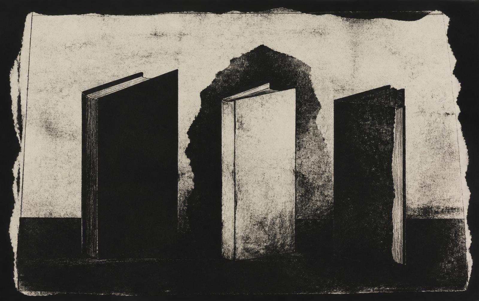 Fatima Abdolhamid's Books and the Iranian Taboos They Confront Editorial cover: three dark book silhouettes on aged paper — inspired by Fatima Abdolhamid's censored works.