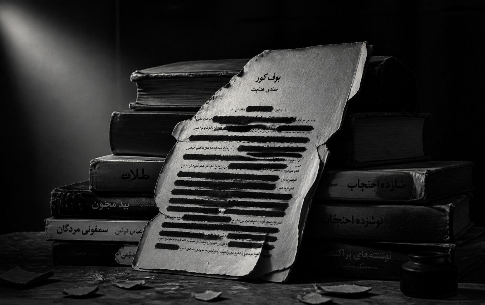 Censorship in Persian Literature Editorial cover: aged Persian manuscript with redacted lines — censorship in Persian literature.