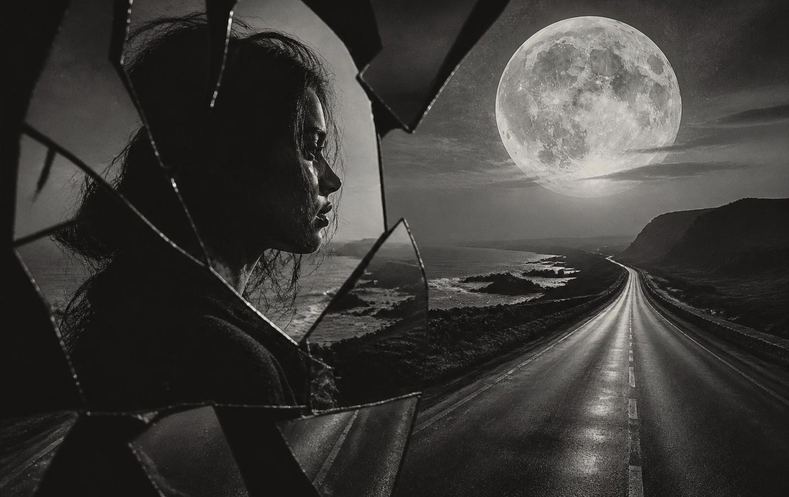 Full Moon by Yas Is — Literary and Cinematic Review Cinematic image representing Full Moon by Yas Is, with a woman, an empty road and a full moon.