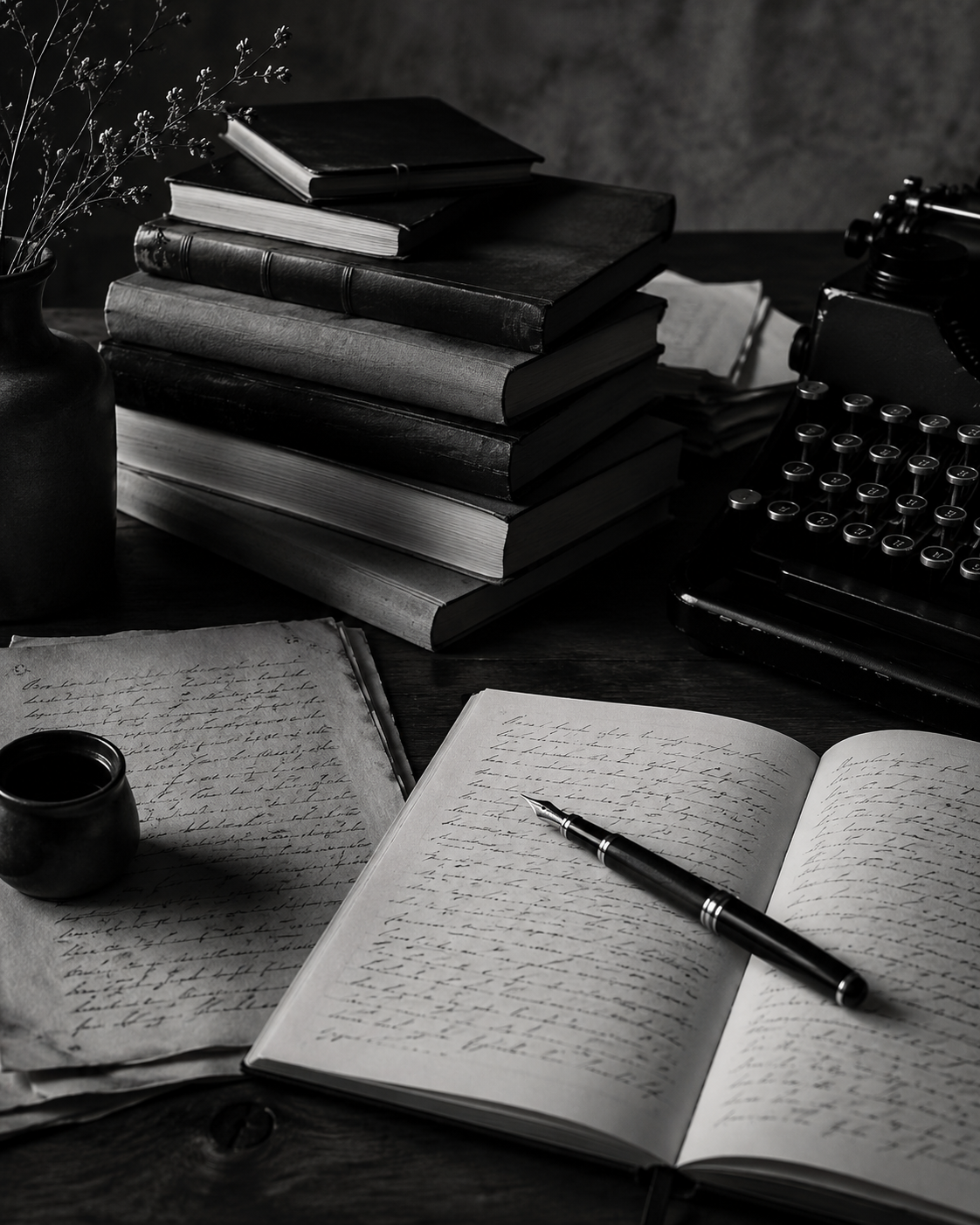 A writer's desk with manuscripts, books, and a fountain pen.